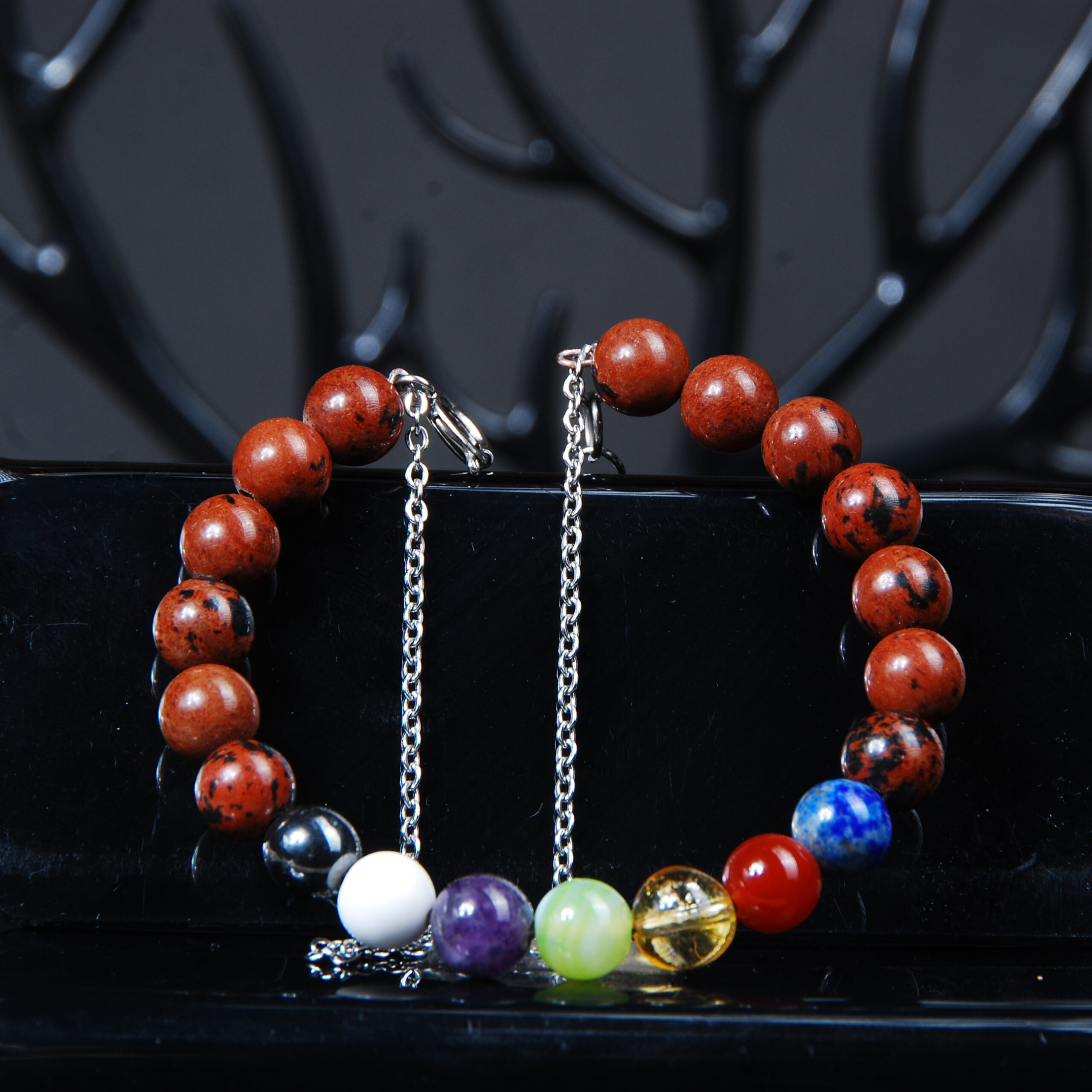 دستبند هفت چاکرا با سنگ جاسپر قرمز