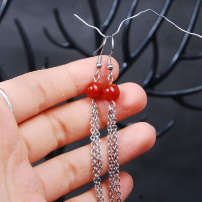 گوشواره آویزی عقیق قرمز 3.15 گرم (همراه با زنجیر استیل رنگ ثابت )